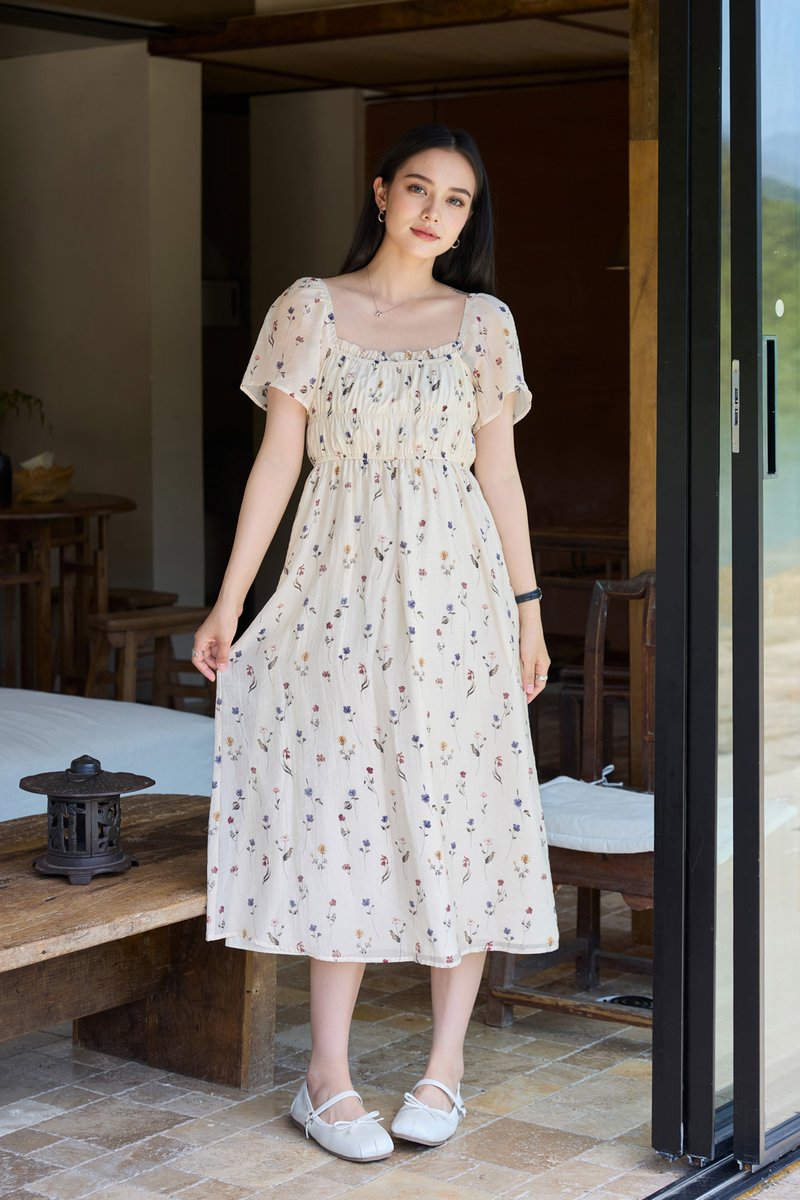 Kiraz Elastic Waist Floral Midi Dress In Cream