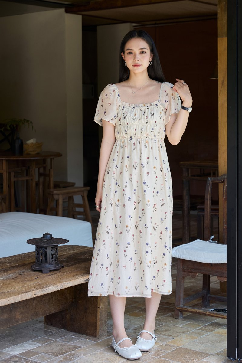 Kiraz Elastic Waist Floral Midi Dress In Cream