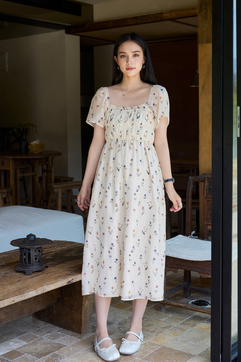 Kiraz Elastic Waist Floral Midi Dress In Cream