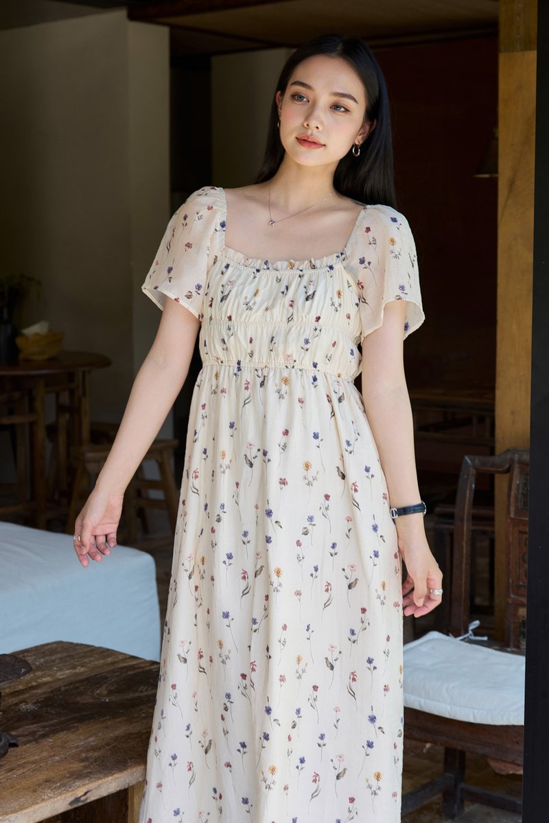 Kiraz Elastic Waist Floral Midi Dress In Cream