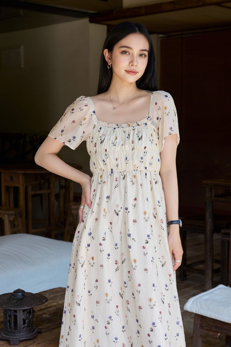 Kiraz Elastic Waist Floral Midi Dress In Cream