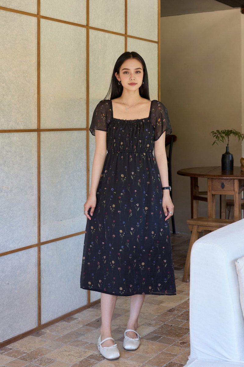 Kiraz Elastic Waist Floral Midi Dress In Black