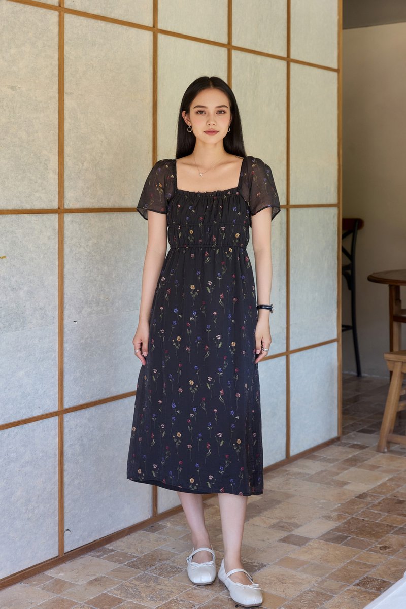 Kiraz Elastic Waist Floral Midi Dress In Black