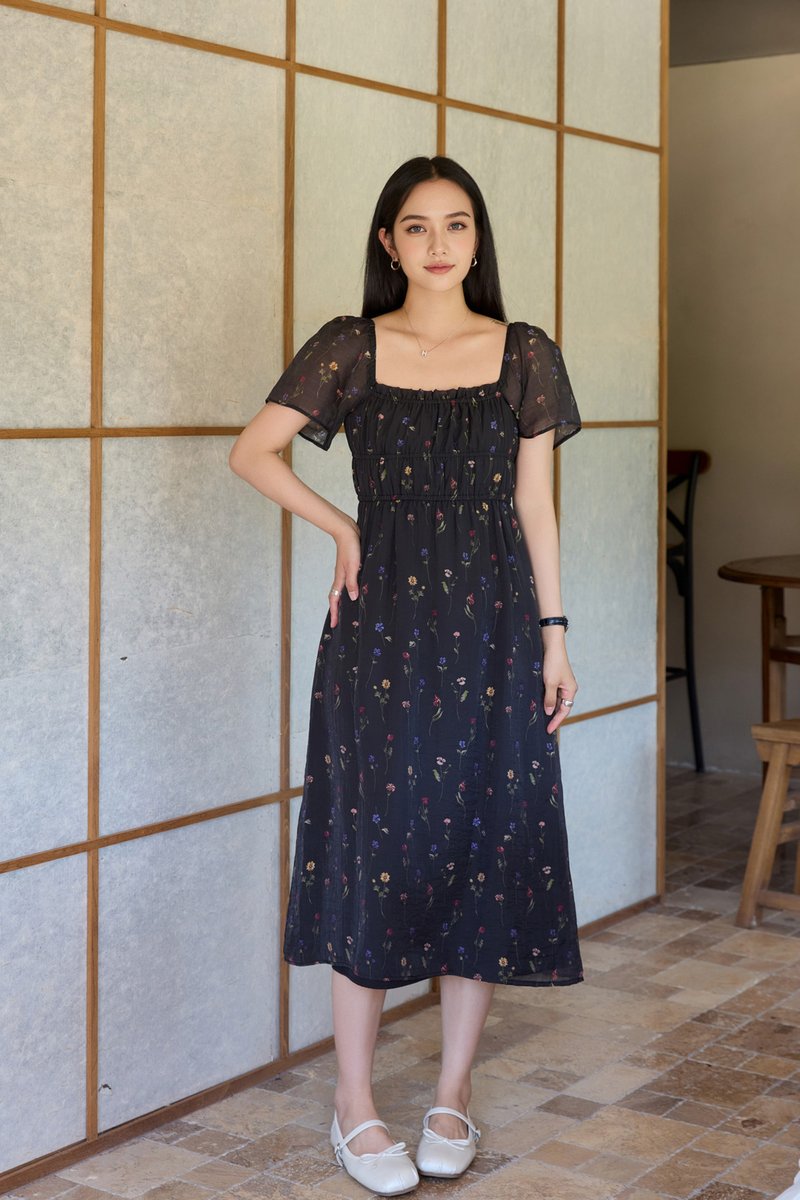 Kiraz Elastic Waist Floral Midi Dress In Black