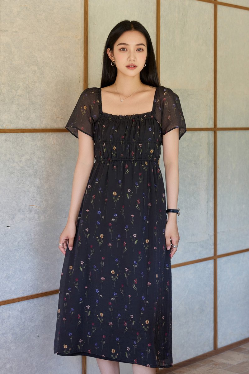 Kiraz Elastic Waist Floral Midi Dress In Black
