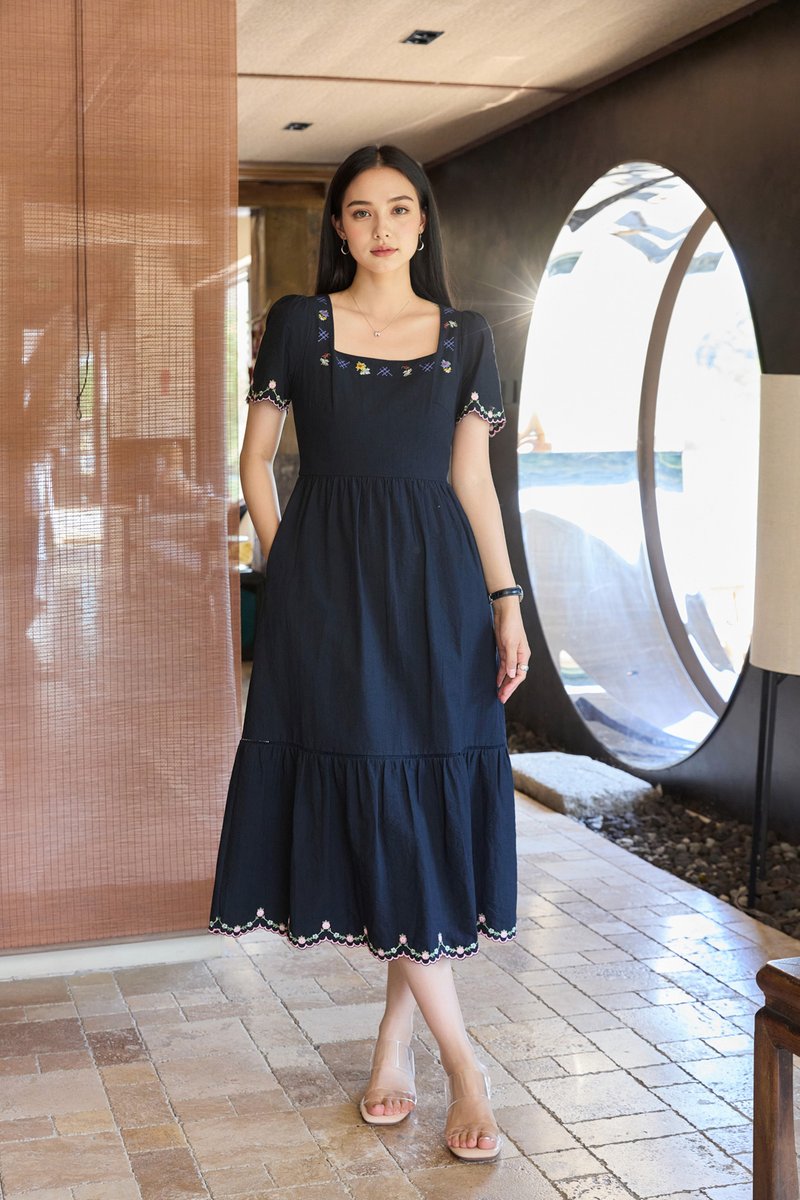 Pure Bliss Cross Stitch Embroidery Midi Dress In Navy