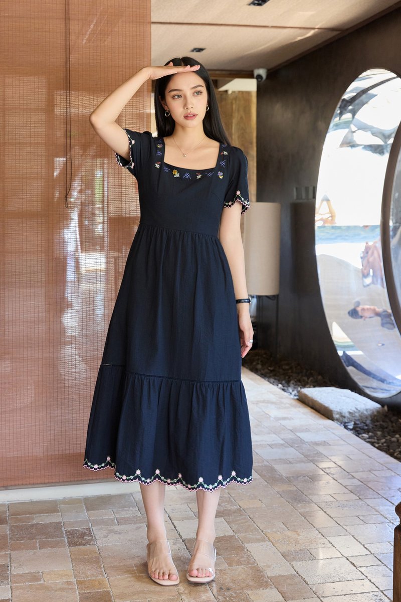 Pure Bliss Cross Stitch Embroidery Midi Dress In Navy