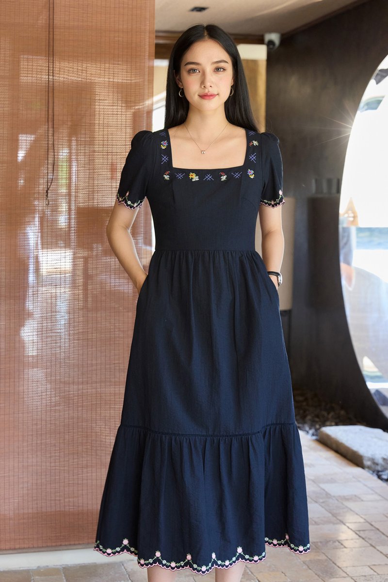 Pure Bliss Cross Stitch Embroidery Midi Dress In Navy