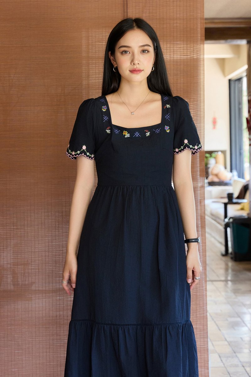 Pure Bliss Cross Stitch Embroidery Midi Dress In Navy
