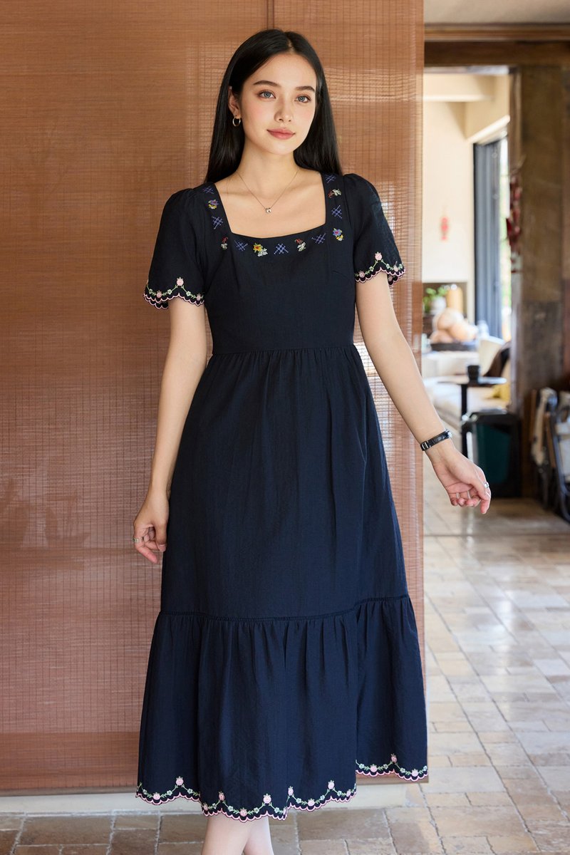 Pure Bliss Cross Stitch Embroidery Midi Dress In Navy