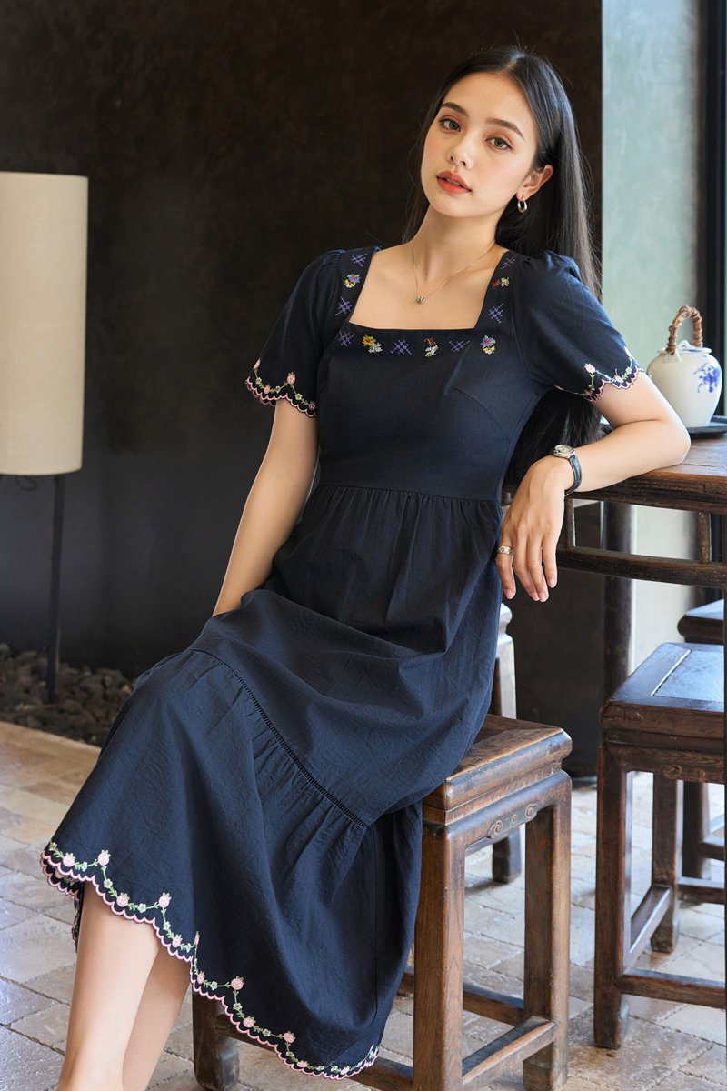 Pure Bliss Cross Stitch Embroidery Midi Dress In Navy