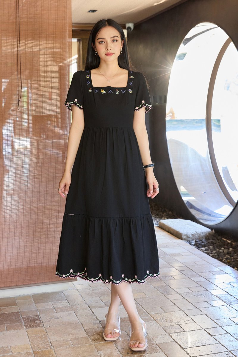 Pure Bliss Cross Stitch Embroidery Midi Dress In Black