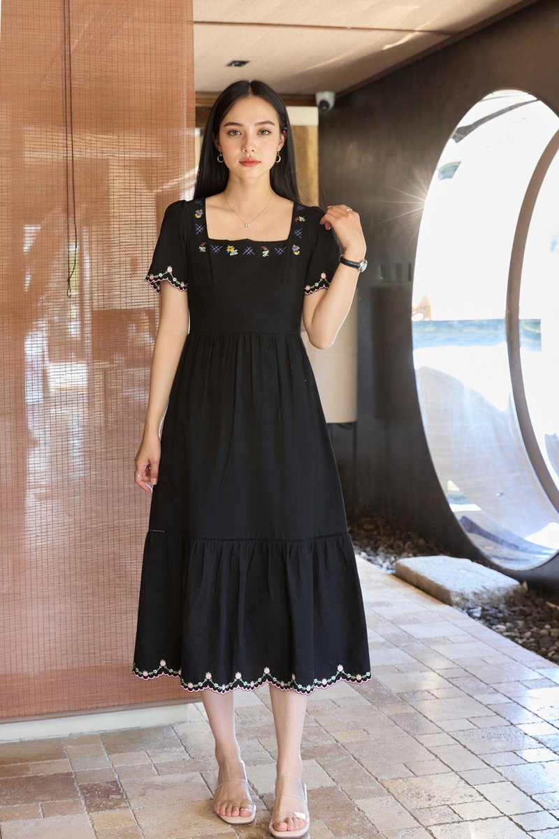 Pure Bliss Cross Stitch Embroidery Midi Dress In Black