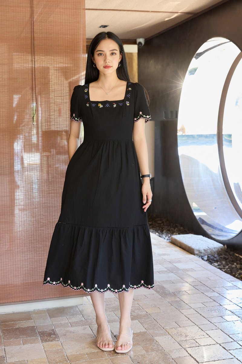 Pure Bliss Cross Stitch Embroidery Midi Dress In Black