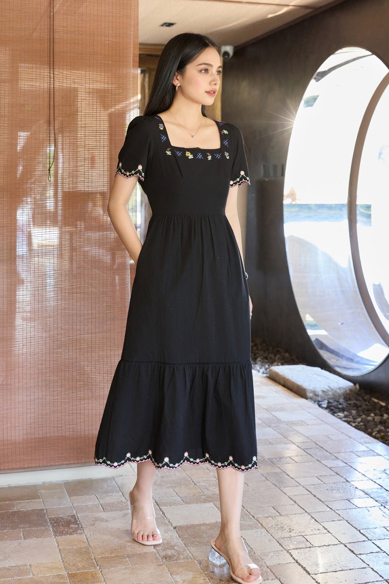 Pure Bliss Cross Stitch Embroidery Midi Dress In Black