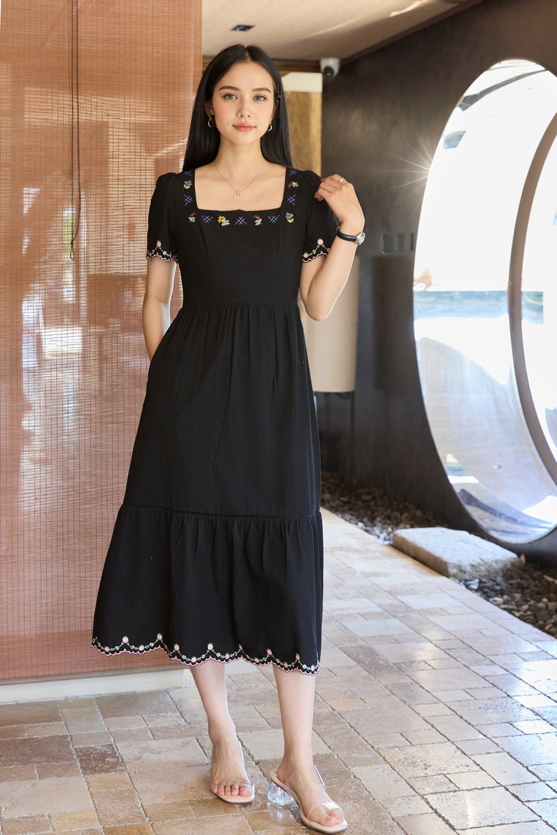 Pure Bliss Cross Stitch Embroidery Midi Dress In Black