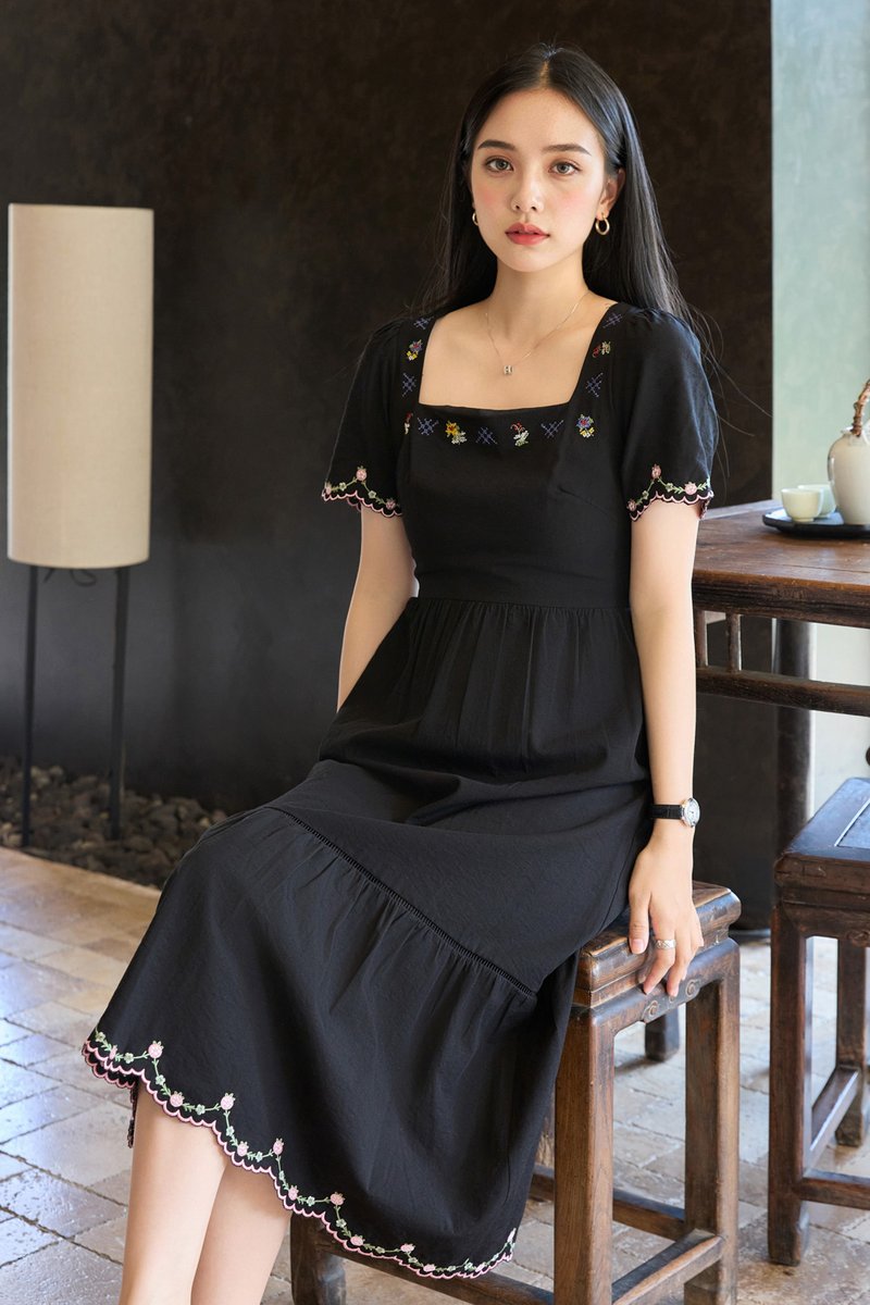 Pure Bliss Cross Stitch Embroidery Midi Dress In Black