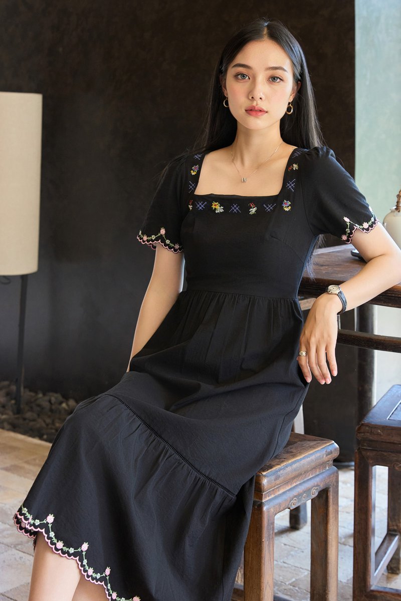 Pure Bliss Cross Stitch Embroidery Midi Dress In Black