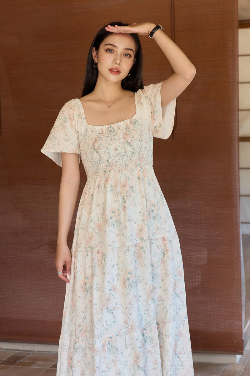 Cherish Vintage Smocked Floral Midi Dress