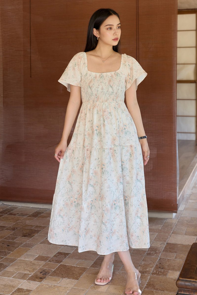 Cherish Vintage Smocked Floral Midi Dress