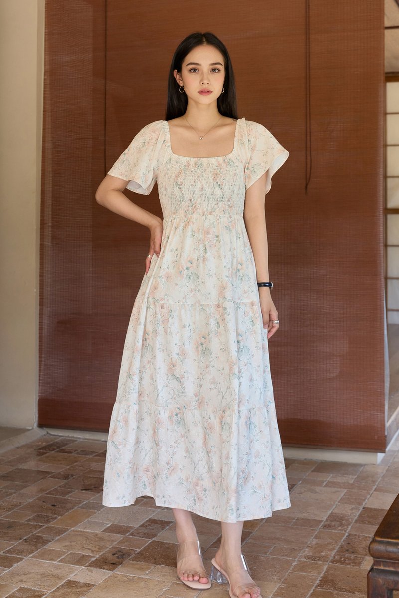 Cherish Vintage Smocked Floral Midi Dress