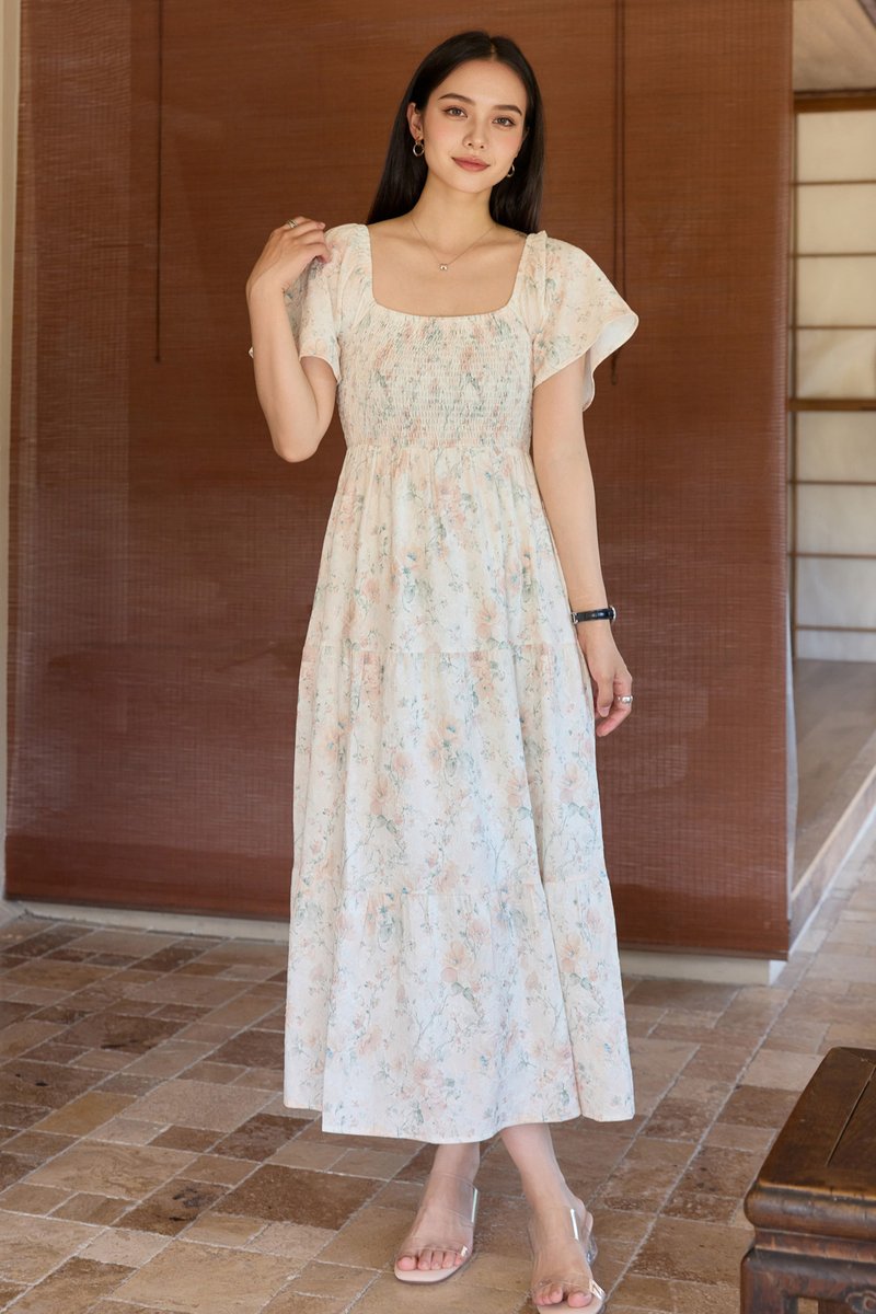 Cherish Vintage Smocked Floral Midi Dress