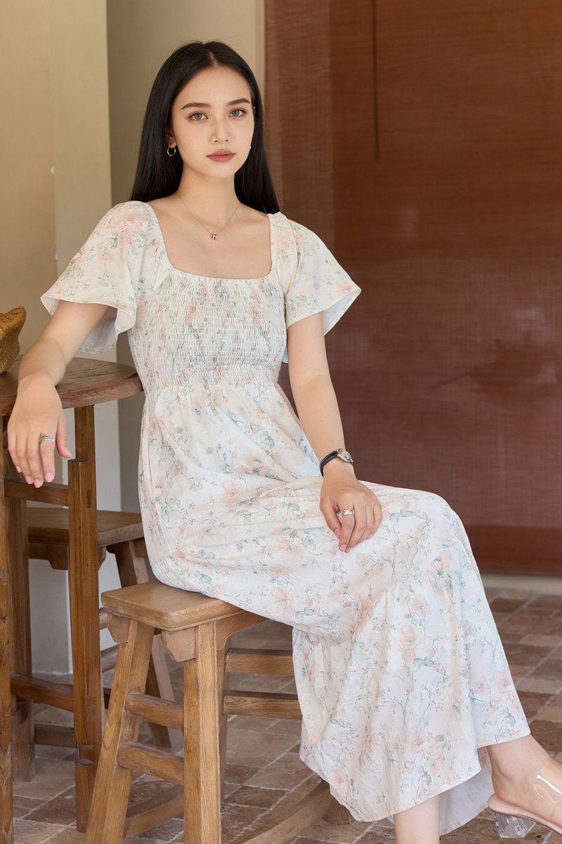 Cherish Vintage Smocked Floral Midi Dress