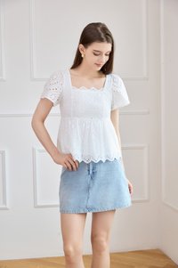 Amora Eyelet Scallop Babydoll Top In White