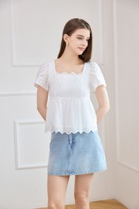 Amora Eyelet Scallop Babydoll Top In White