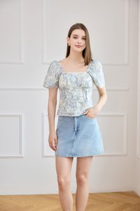 Madelyn Printed Crochet Top in Blue