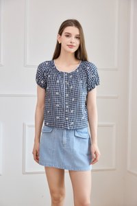 Lavinia Gingham Button Top In Navy