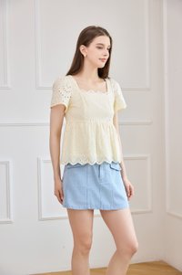 Amora Eyelet Scallop Babydoll Top In Butter Yellow