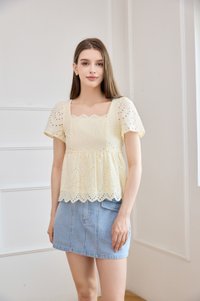 Amora Eyelet Scallop Babydoll Top In Butter Yellow