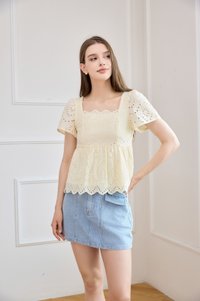 Amora Eyelet Scallop Babydoll Top In Butter Yellow