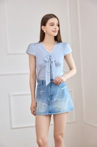 Alondra Denim Ribbon Rhinestone Skort in Mid Wash