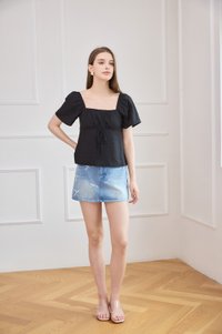 Orianna Crochet Ruched Ribbon Top In Black