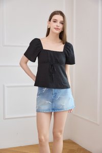 Orianna Crochet Ruched Ribbon Top In Black
