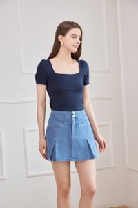 Ulani Denim Pocket Pleated Skort in Mid Wash