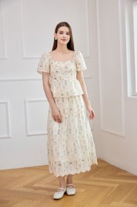 Althea Embroidery Fleur Midi Skirt In Cream