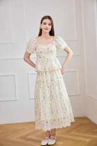 Althea Embroidery Fleur Midi Skirt In Cream