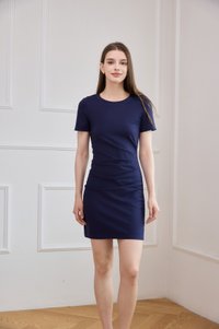 Posey Cotton Side Ruched Dress In Navy