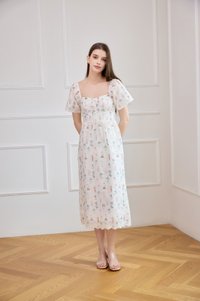 Althea Embroidery Floral Midi Dress In White