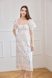 Althea Embroidery Floral Midi Dress In White