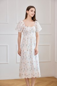Althea Embroidery Floral Midi Dress In White