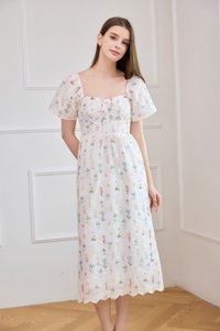 Althea Embroidery Floral Midi Dress In White