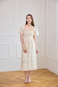 Althea Embroidery Floral Midi Dress In Cream