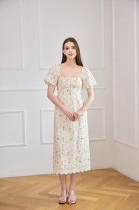 Althea Embroidery Floral Midi Dress In Cream