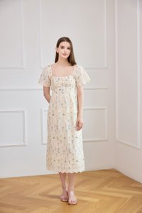 Althea Embroidery Floral Midi Dress In Cream