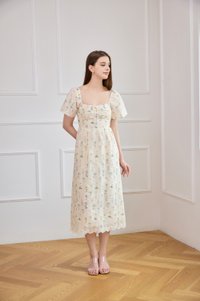 Althea Embroidery Floral Midi Dress In Cream