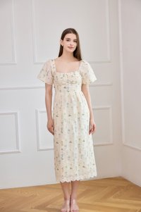 Althea Embroidery Floral Midi Dress In Cream